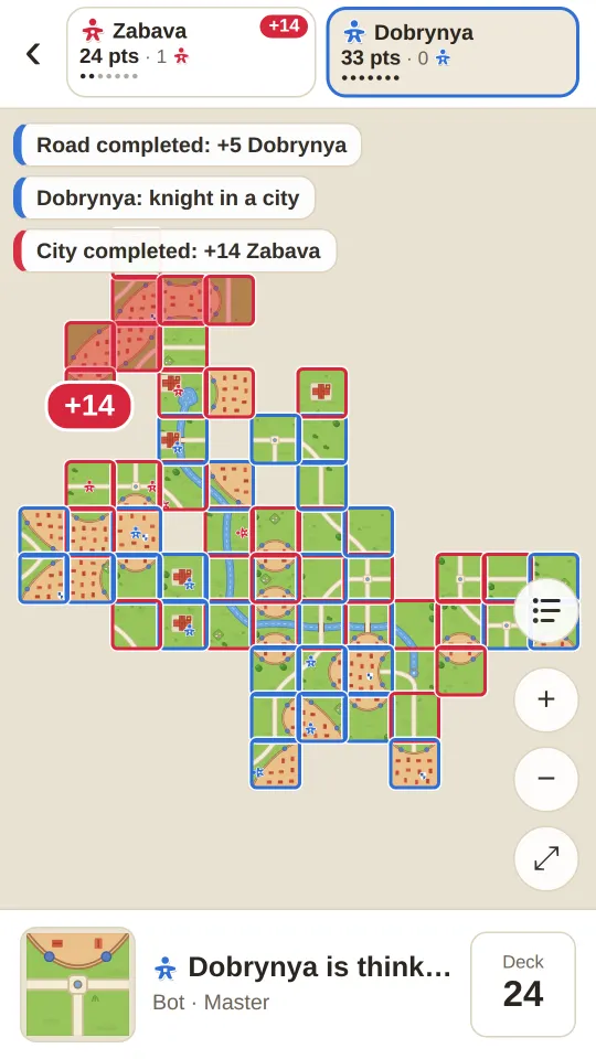 A game: the shared map with cities, roads and fields, player panels and the deck