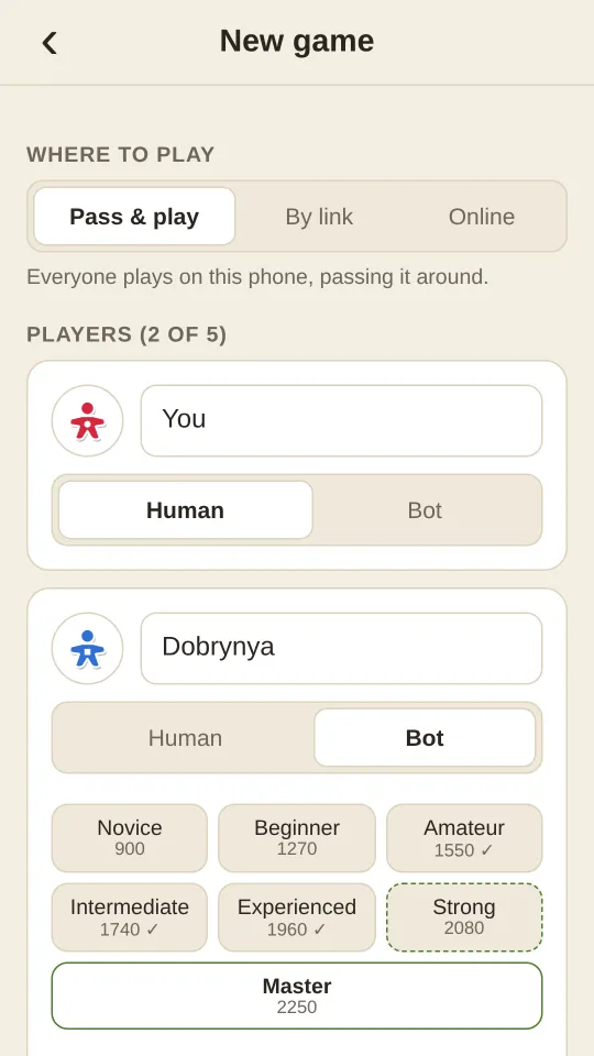 New game: choosing players and bot levels